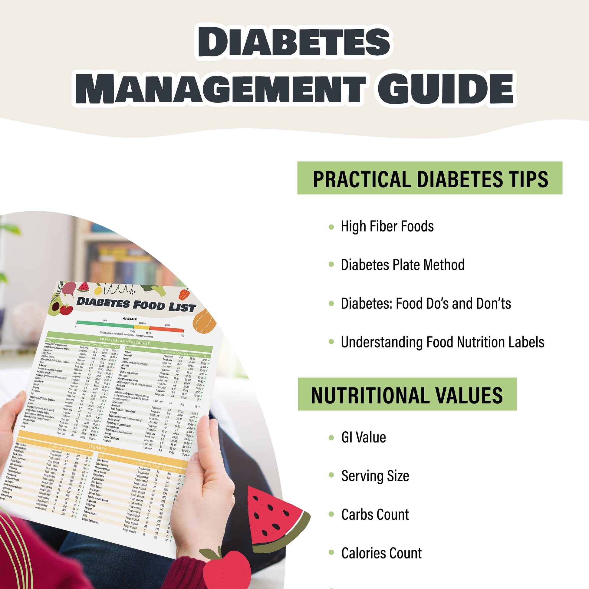 2Pcs Diabetes Food Chart & Meal Planner for Diabetics - Laminated 8.5" X 11.5” Diabetic Food List Planner with Serving Size, Carbs, Calories - Glycemic Index Chart